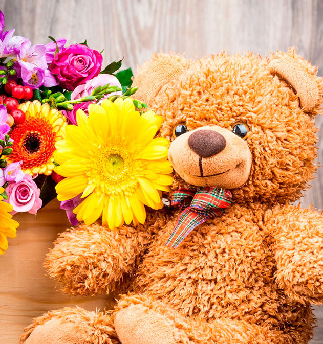 Ramo de flores más peluche para nacimientos